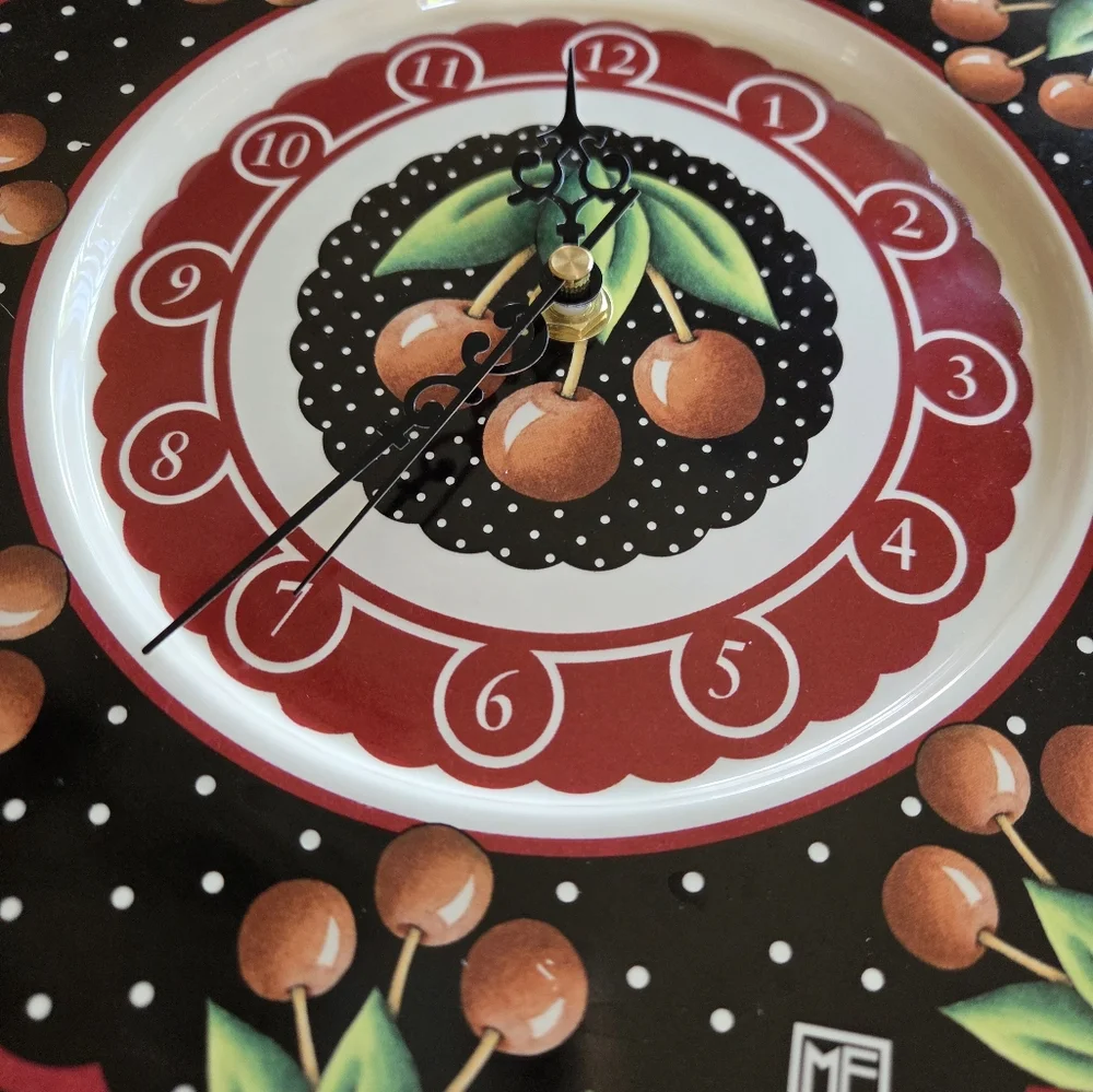 Mary Engelbreit Cherries Ceramic Clock With Brand New Clock Mechanism
